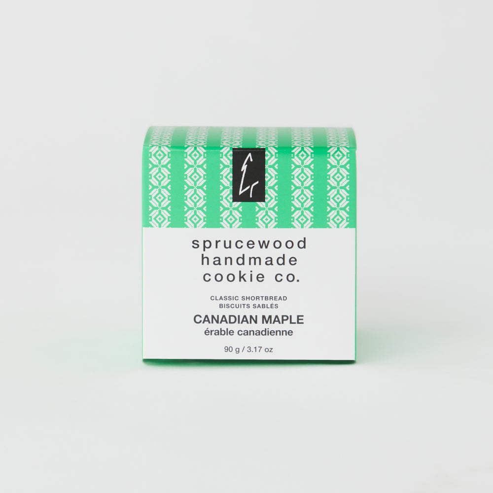 A box of Sprucewood Handmade Cookie Co. cookies, Canadian Maple flavour.