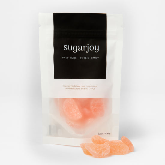 A bag of Sugarjoy Swedish candy peaches